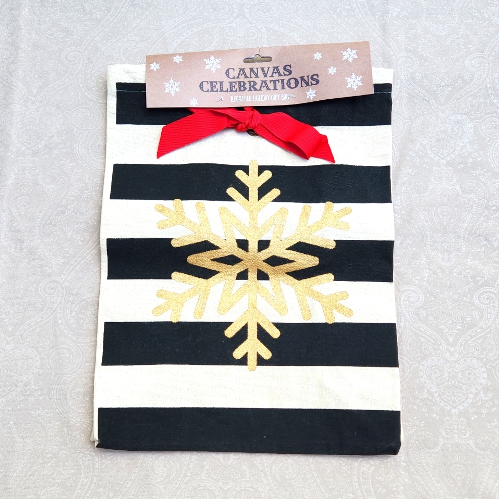 Snowflake Stripes Holiday black cream red canvas tote, straps tucked inside.